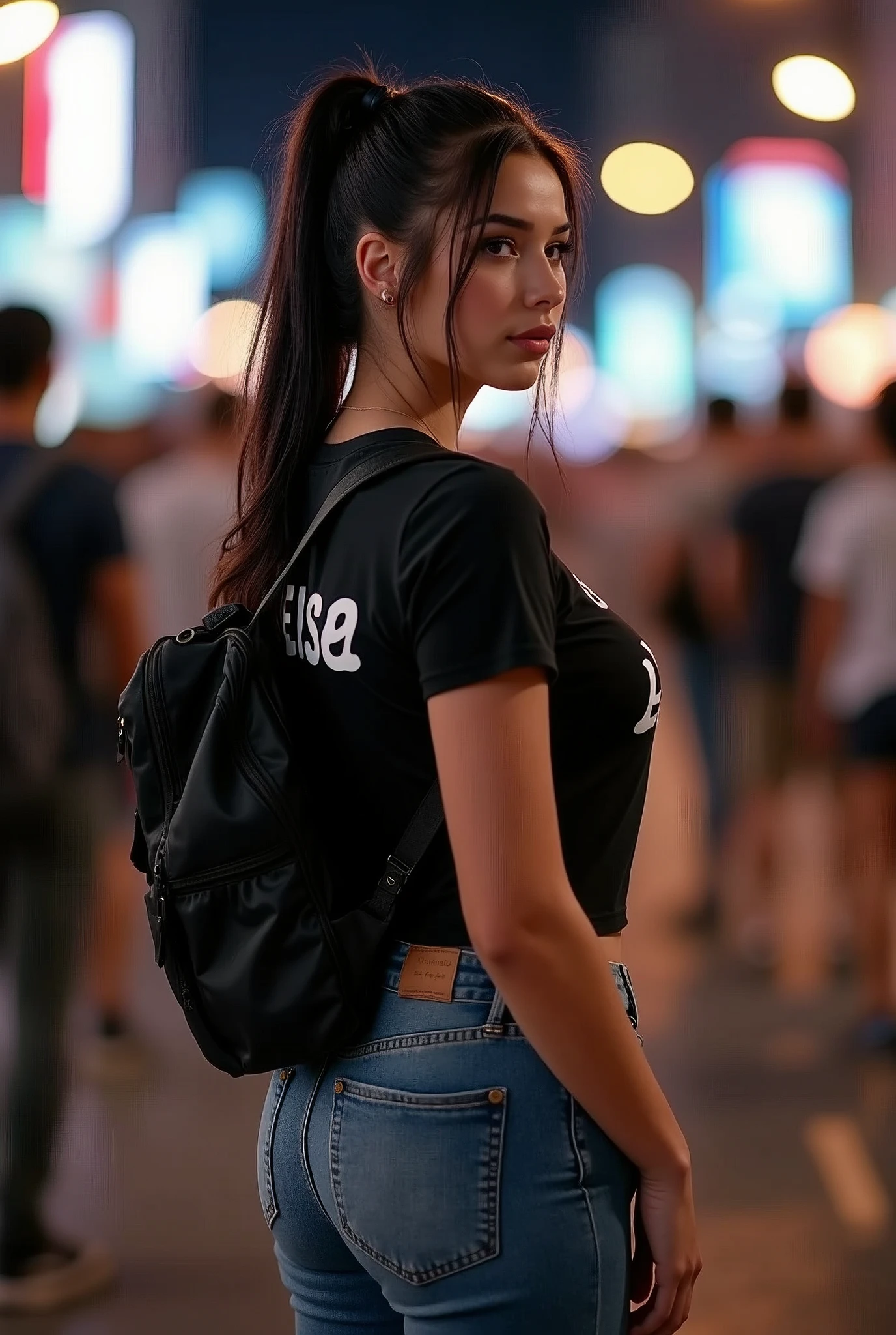 professional portrait photograph of a gorgeous 35years old white women, medium curve body(big breast), ponytail hair(shiny black), wearing casual tight t-shirts (printing with text elsa)and tight jeans, backpack(nike sneakers), many people at nights in the street)), car lights hit her, ultra realistic, highly detailed, sharp focus((full body)), depth of field, f/1. 8, 85mm, (((professionally color graded))), bright soft diffused light, trending on tiktok, hdr 4k, 8k