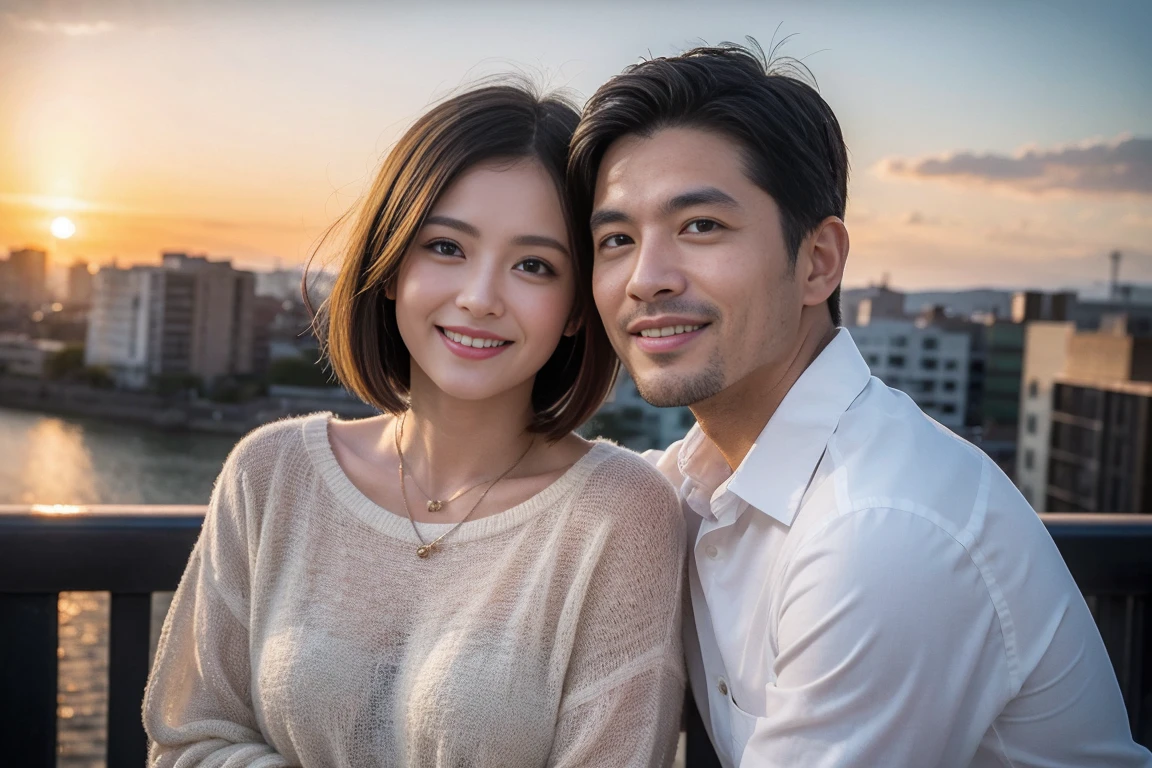 ((Highest quality、8k、masterpiece:1.3))、Izakaya、Japanese sake、Slim couple、Model Couple、(Realistic, Intricate details:1.2), Japanese sake、1 liter bottle、Japanese food、Soba、Japanese sake、Shochu 、Amazing view of the sunset sky and clouds、Bright smile、The beauty of a smile、Bright image、Beautiful Face, blue eyes, The light shines on your face, blush, short hair,Bright Face、 (Age 37), 39 years old, Brown Hair、Shortcuts、Long sleeve shirt、dress、Beautiful woman