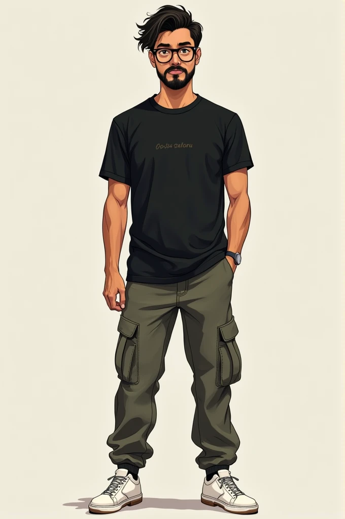 A 16 yrs old boy with beared and mustache, a round shaped glass, brown shin, attitude, black Gojo Satoru T-shirt, with cargo pant and white sneakers