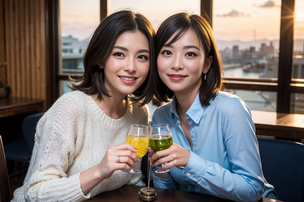 ((Highest quality、、masterpiece:1.3))、1 male、1 female,44 years old 39 years old、Shine the light on my face、Slim Beauty、Beautiful couple、Upper Body、smile、 (Slim face), (the body is スリム), (Brown Hair), (Shortcuts), テーブルのフルコースディナーとwine glass、Amazing view of the sunset sky and clouds、smileの美しさ、Wine bottle、sparkling wine、Long sleeve shirt、dress、White wine, red wine, wine glass, Beautiful fine grain, Depth f/2,saturation, High Contrast, Strong light and shadow,Moist Body:1.5、 texture、The hair is very shiny、