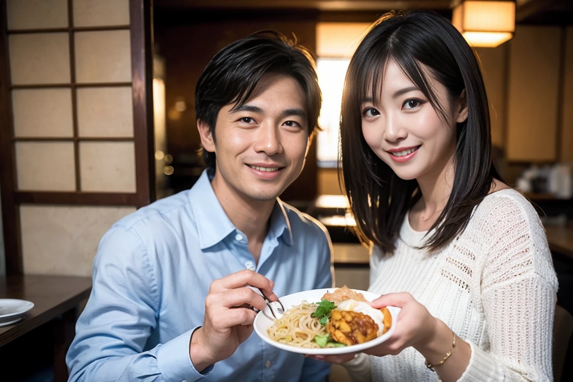 ((Highest quality、8k、masterpiece:1.3))、Izakaya、Japanese sake、Slim couple、Model Couple、(Realistic, Intricate details:1.2), Japanese sake、1 liter bottle、Japanese food、Soba、Japanese sake、Shochu 、Amazing view of the sunset sky and clouds、Bright smile、The beauty of a smile、Bright image、Beautiful Face, blue eyes, The light shines on your face, blush, short hair,Bright Face、 (Age 37), 39 years old, Brown Hair、Shortcuts、Long sleeve shirt、dress、Beautiful woman