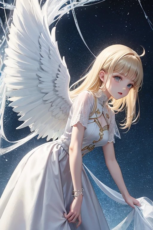 An angel who grants human wishes,strict,Solemn,Light,Majestic,god々Shii,Not surreal,2.5D,White clothes,blonde,neutral,Facing forward
