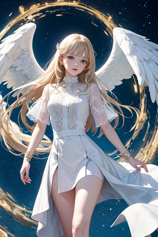 An angel who grants human wishes,strict,Solemn,Light,Majestic,god々Shii,Not surreal,2.5D,White clothes,blonde,neutral,Facing forward