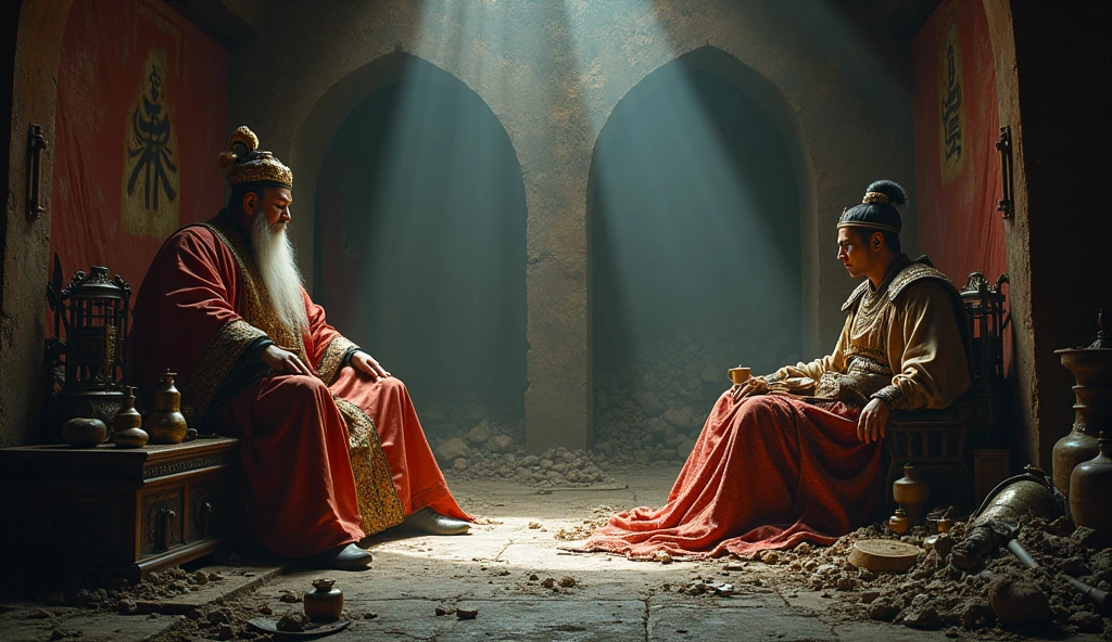 Depict a scene that highlights the dangers of seeking immortality. On the left, show Emperor Qin Shi Huang in a dark, eerie chamber, surrounded by dangerous alchemical experiments and the mercury elixir. On the right, illustrate Alexander the Great on the verge of collapse, surrounded by the spoils of his endless conquests. The contrast should emphasize how their quests for immortality and endless glory led to their ultimate demise, with a somber, shadow-filled background to underscore the moral."