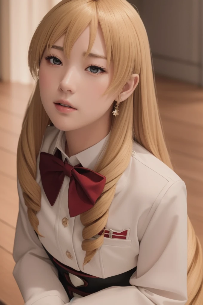 笑face,One person,alone,Blonde,Very long hair,Pointed Ears,Twin Drill,Red eyes,alone,Ahoge,Fairy,Drill Hair,Hair between the eyes,bangs,Hair Intake,Hair behind the ear,Long sleeve,school uniform,Red Skirt,Red bow tie,Black corset,Knee socks,White shirt,, Amazing visuals, High resolution,masterpiece,Highest quality,, 18-year-old,young woman,beautiful指,beautiful長い脚,beautiful体,beautiful鼻,beautifulキャラクターデザイン, Perfect Eyes, perfect face,Expressive eyes,Official Art,Very detailed CG ユニティ 8k 壁紙, Perfect lighting,colorful, bright_front_face_Lighting,Glowing Skin,(masterpiece:1.0),(Highest_quality:1.0), 超High resolution,4K,Very detailed,photograph, 8k, High resolution, High resolution, Absurd:1.2, 400 for Kodak Port, Film Grain, Blurred Background, Bokeh:1.2, Lens flare, (Vibrant_color:1.2), (beautiful_face:1.5),(narrow_Waist)