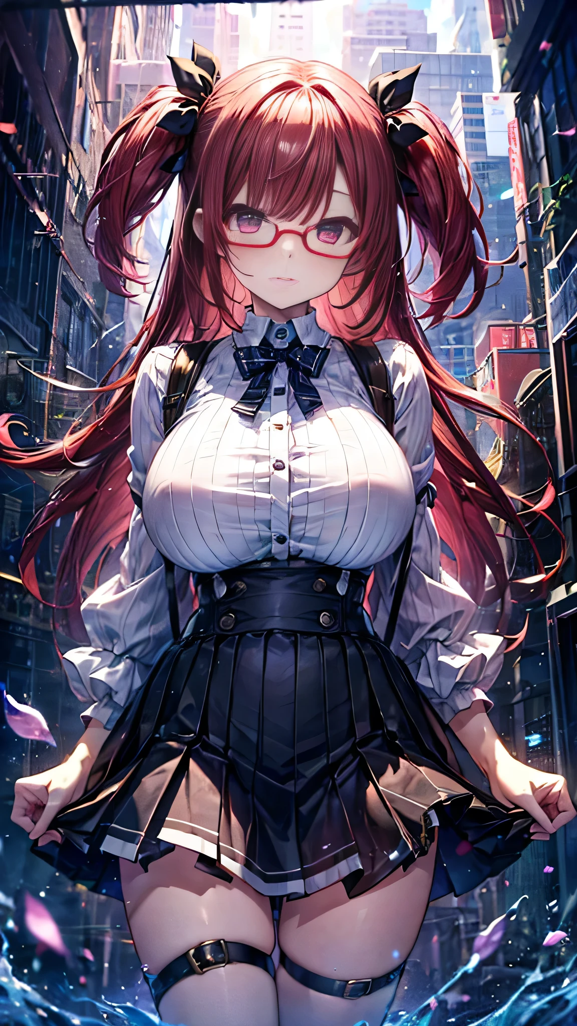Red Hair、((Two Side Up))、Pink frameless glasses、White clothes、Suspender-equipped、Black Skirt、Big Breasts、