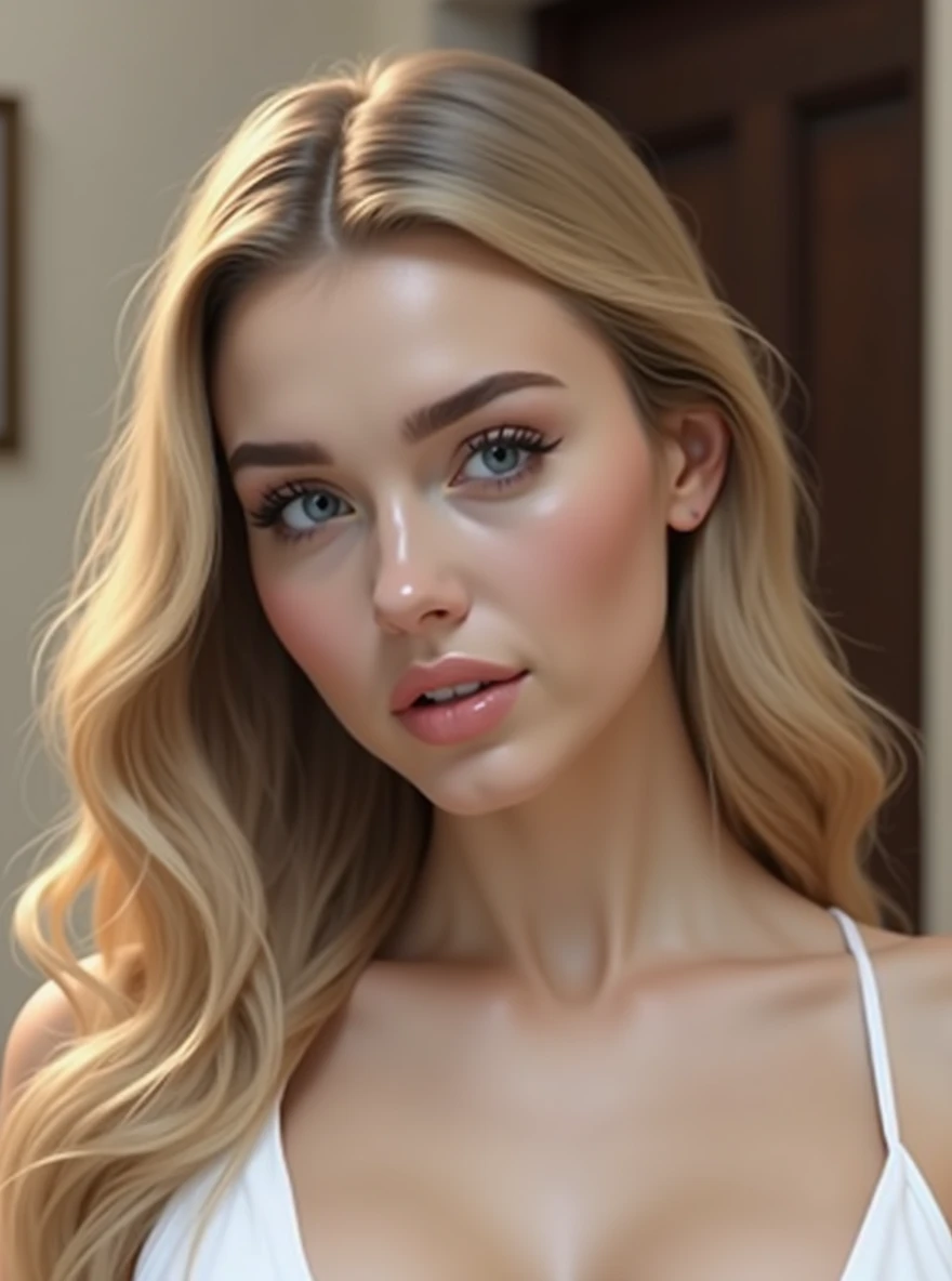 tanned ,(kneeling while looking up at the viever :2) ,(naked on bed whole body visible :2), Expressiveh, naked , slim beautiful lips , more distinct jawline , sexier more mature face , sexy ,tan,,free flowing long brown hair , 1 small single french braid going around har to other side , european features , sexy beautiful , v shaped jawline , (masterpiece ), (ultra realistic ), (photo realistic ), (hyperphotorealistic ), beautiful young french girl , 21 years old , white women , medium tan , v shaped jawline , collarbone visible , long brown hair with some hair dark brown ,1 french braid , , beautiful light brown eyes , sexy , hot , sensual , beautiful , sexy