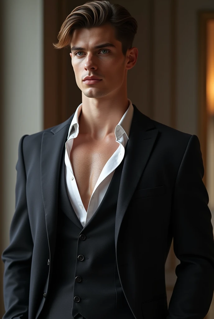 A handsome, good looking man with white complexion with perfect jawline eyes lips with muscular body a romantic look and 6feet height with silky smooth hair with formals without beard and moustache
