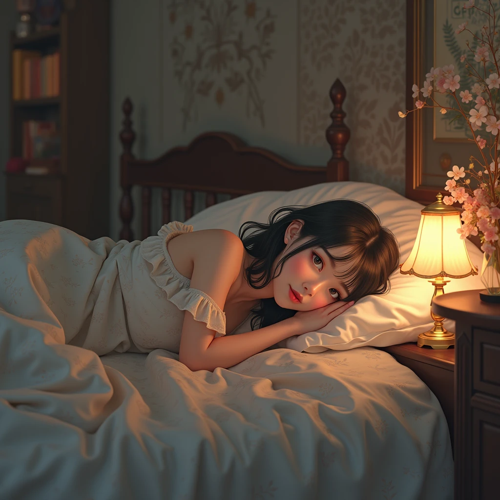 a girl lying on the bed in a cozy room listening to music at night, wearing headphones, 2D anime style, lo-fi, detailed background, cinematic lighting, soft colors, nice detail , beautifully detailed lips, extremely detailed face, elegant pose, warm atmosphere, glowing table lamp, vintage aesthetic, beautifully detailed ears, realistic textures, detailed shadows, highlights pop details, vivid colors, dreamlike mood, optical, (best quality, 8k, high resolution, masterpiece: 1.2), super detailed, (realistic, optical, photo-realistic :1.37)