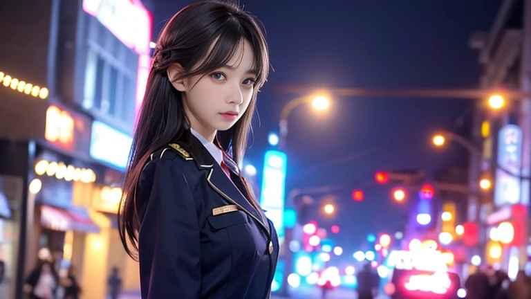Tabletop, Ultra-realistic, 8k, Bokeh, Fire glow,high school girl、Wearing uniform、Cute Face、Standing on a street corner in Shibuya、,Perfect body、(((1 female)))、(((Beautiful and accurate five fingers)))