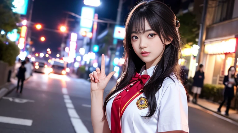 Tabletop, Ultra-realistic, 8k, Bokeh, Fire glow,high school girl、Wearing uniform、Cute Face、Standing on a street corner in Shibuya、,Perfect body、(((1 female)))、(((Beautiful and accurate five fingers)))
