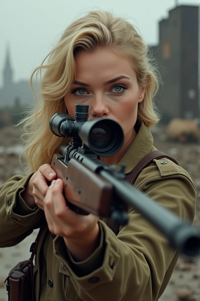 Heroine blonde au yeu bleu avec un fusil a lunette des annee 1940