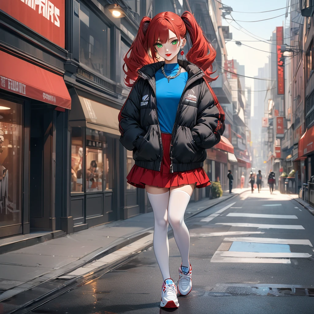 ((masterpiece, best quality, expressive eyes, perfect face, 8k_wallpaper, extremely detailed eyes, extremely detailed body)), 1Woman, red hair, long hair, twintail hair, green eyes, a perfect face, the perfect body, small breastes, sports body, short stature, solo, Detailed eyes and face, makeup, ((red-lips:1.3)), earings, ear piercings, a blue shirt, ruffled red skirt, black puffy jacket, white thighhighs, sports sneakers, Clavicles only, chain necklace, city street background, by Amano Akira, ((full body:1.5)), looking at viewer, elegant smile