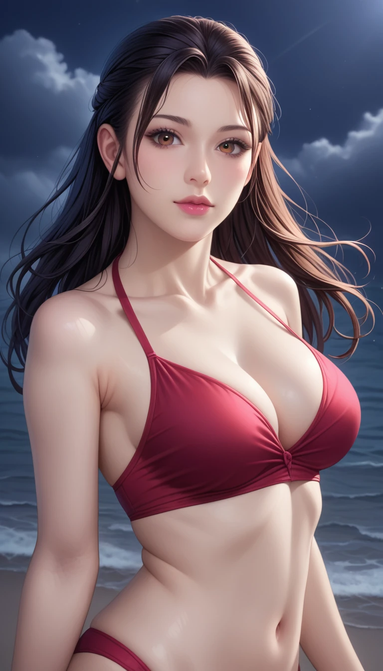 score_9, score_8_superior, score_7_superior, High-resolution CG illustration,A masterpiece in 32K resolution,Highest quality,it is really amazing,Very detailed,Ultra-high resolution,Ultra-realistic,Realistic,Increased depth of field,Cinematic lighting,
Sexy mature Japan woman,
Long black hair,Showing his forehead,Ultra-detailed and beautiful face,Calm and gentle look,Beautiful brown eyes,Translucent white skin,Realistic skin texture,Great proportions,
Elegant red swimsuit,
Simple design,Chic color scheme based on red,Detailed fabric texture,
(Dark overcast sky on a dull night:1.1),(Dark clouds filling the sky:1.1),Thundercloud,Coastline at night,Stormy seas,delay々A desolate sandy beach that continues,
(Beautiful cleavage:1.1),High angle,