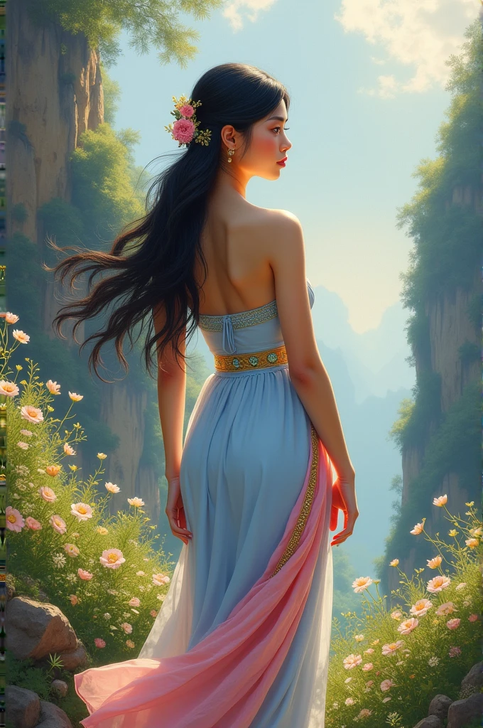 Full length: a full-body picture of a beautiful young woman, sweet and gentle, wearing a light blue strapless Thai dress, a nine-gem belt, a pink sarong with gold trim, a light blue shoulder cloth, long flowing black hair, wearing a crown, tied loosely, facing a high cliff with small flowers growing all around, beautiful, glowing and shimmering light. Three-dimensional picture, oil painting, sharp picture, art of Professor Chalermchai.
