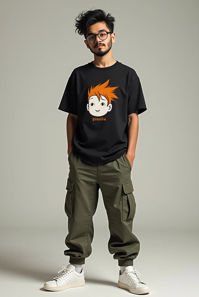 A 16 yrs old boy with beared and mustache, a round shaped glass, brown shin, black Gojo Satoru T-shirt, with cargo pant and white sneakers, smiling with attitude