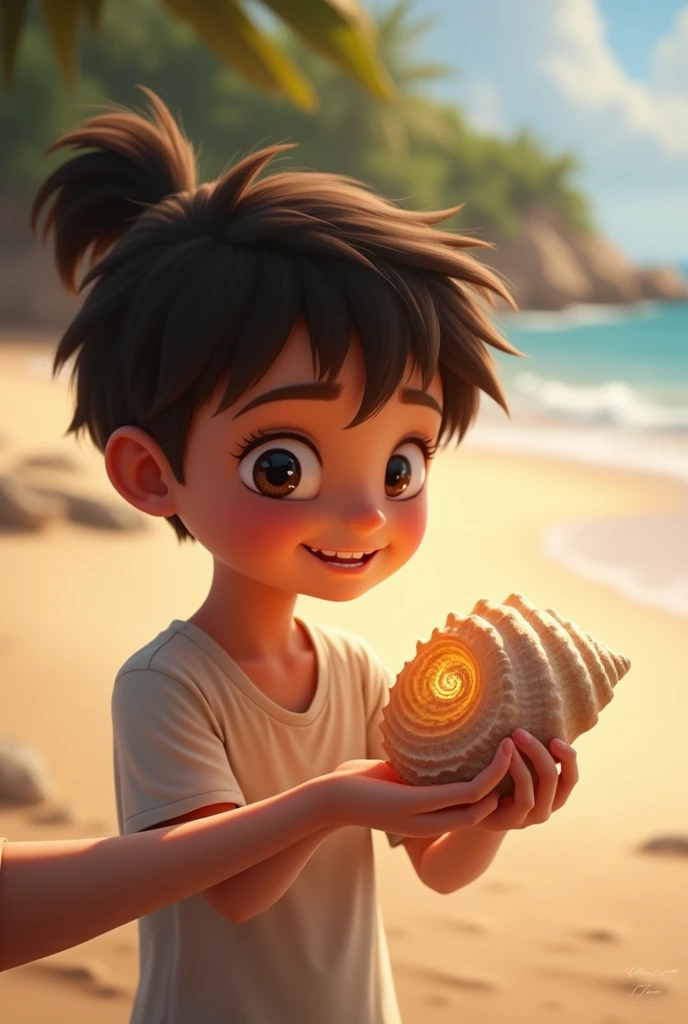 Draw a picture of a conch shell with a boy giving it to someone. Tie his hair in a ponytail.