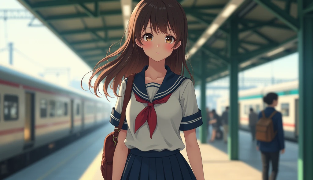 masterpiece, ,Women,Standing at the station,(Japanese Idols:1.4), Brown Hair, Plump breasts, Blushed, From below, (school uniform)