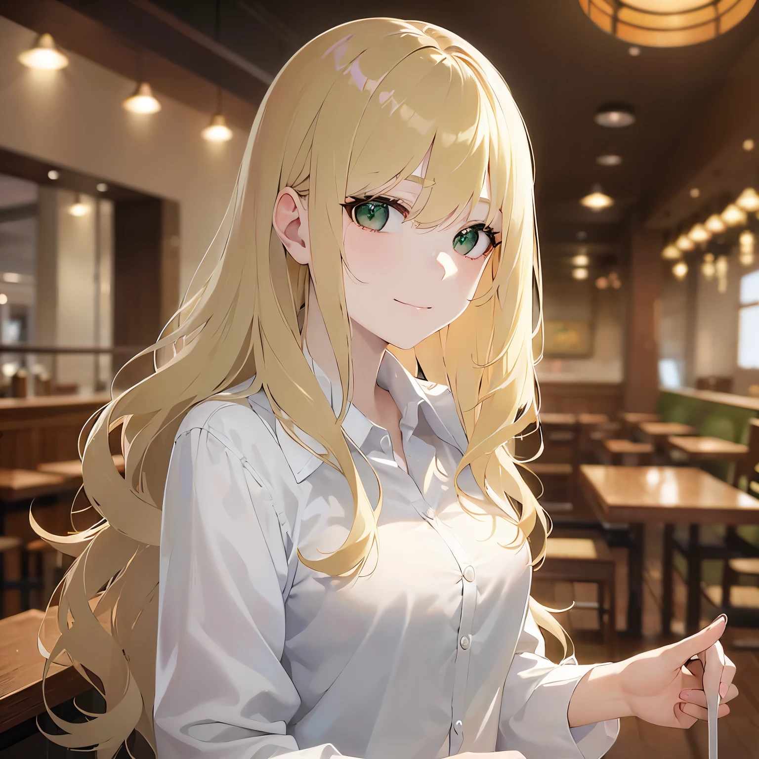 Upper Body, Realistic, real person, (pale skin: 1.2), RAW photo, photorealistic, shiny skin, shiny hair、(A 25-year-old woman with medium-length hair and bangs) and (wavy hair) and (Blonde Hair) and (green eyes) , BREAK (white collared shirt) BREAK 、(Sad smile:1.2), The background is the interior of a restaurant at night.、Alone、Are standing