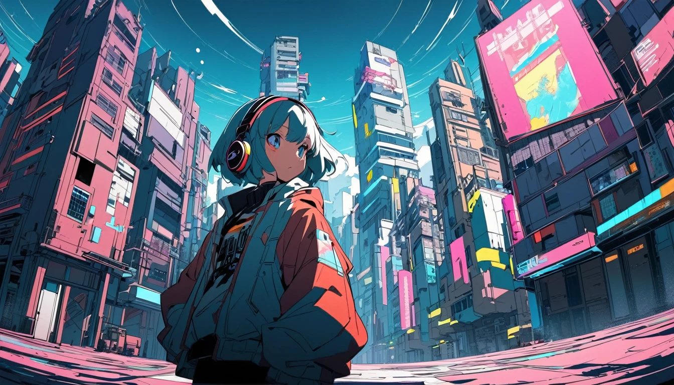 Ultra Wide Angle, Listening to jazz music with headphones、alone、Lofty Girl,Cyberpunk Style,anime, Lo-fi art style、Lofty Girl aesthetic, ghailan、animeの美学、relaxed mood,Lo-fi illustration style,Music Jacket,Building district,passion