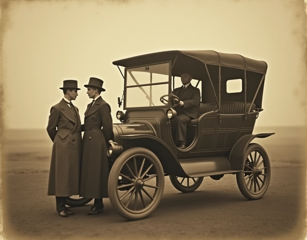 19th century automobile photo, people standing side by side, faded sepia, blurred image quality, nostalgic atmosphere,