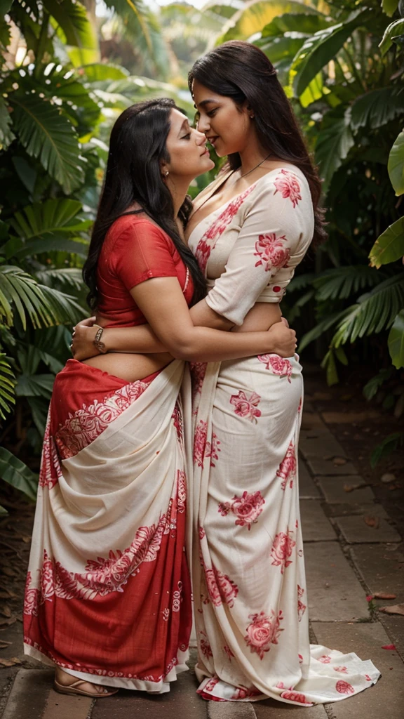 A 45 year old plus sized beautiful South Indian mom wearing red flowers printed cream colour chiffon saree hugging and kissing on lips on a 20 year old two   plantation ,full body image