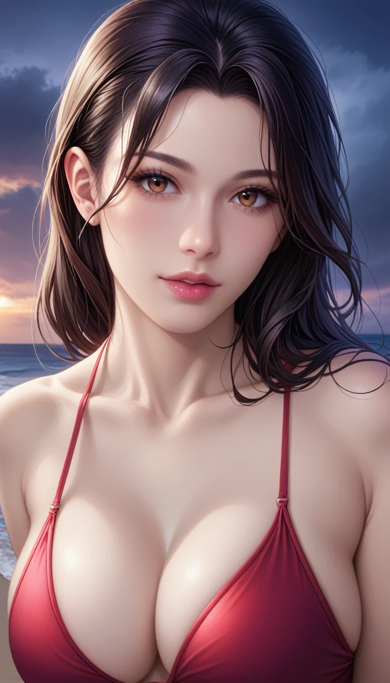 score_9, score_8_superior, score_7_superior, High-resolution CG illustration,A masterpiece in 32K resolution,Highest quality,it is really amazing,Very detailed,Ultra-high resolution,Ultra-realistic,Realistic,Increased depth of field,Cinematic lighting,
Sexy mature Japan woman,
Long black hair,Showing his forehead,Ultra-detailed and beautiful face,Calm and gentle look,Beautiful brown eyes,Translucent white skin,Realistic skin texture,Great proportions,
Elegant red swimsuit,
Simple design,Chic color scheme based on red,Detailed fabric texture,
(Dark overcast sky on a dull night:1.1),(Dark clouds filling the sky:1.1),Thundercloud,Coastline at night,Stormy seas,delay々A desolate sandy beach that continues,
(Beautiful cleavage:1.1),High angle,