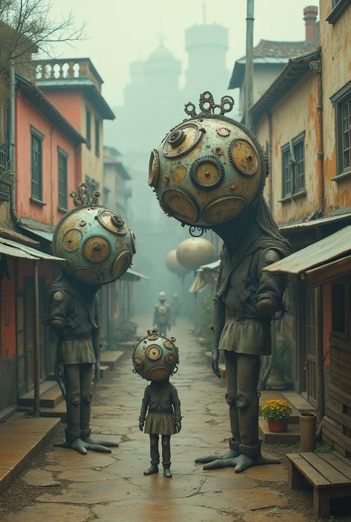 a creature or creatures with head made of gear, old town, pastel colors, surreal atmosphere, dreamcore, raw photo, film grain, top-down aerial view