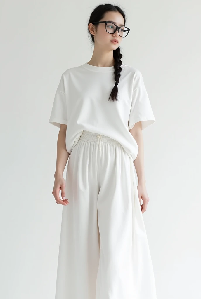 
“A person with an oversized, untucked white tee, with a white long skirt  ,a single braid going back in their hair. They are wearing black square glasses. The entire outfit is white, and the setting or background should complement the style