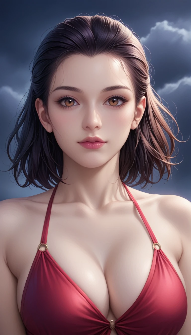 score_9, score_8_superior, score_7_superior, High-resolution CG illustration,A masterpiece in 32K resolution,Highest quality,it is really amazing,Very detailed,Ultra-high resolution,Ultra-realistic,Realistic,Increased depth of field,Cinematic lighting,
Sexy mature Japan woman,
Long black hair,Showing his forehead,Ultra-detailed and beautiful face,Calm and gentle look,Beautiful brown eyes,Translucent white skin,Realistic skin texture,Great proportions,
Elegant red swimsuit,
Simple design,Chic color scheme based on red,Detailed fabric texture,
(Dark overcast sky on a dull night:1.1),(Dark clouds filling the sky:1.1),Thundercloud,Coastline at night,Stormy seas,delay々A desolate sandy beach that continues,
(Beautiful cleavage:1.1),High angle,