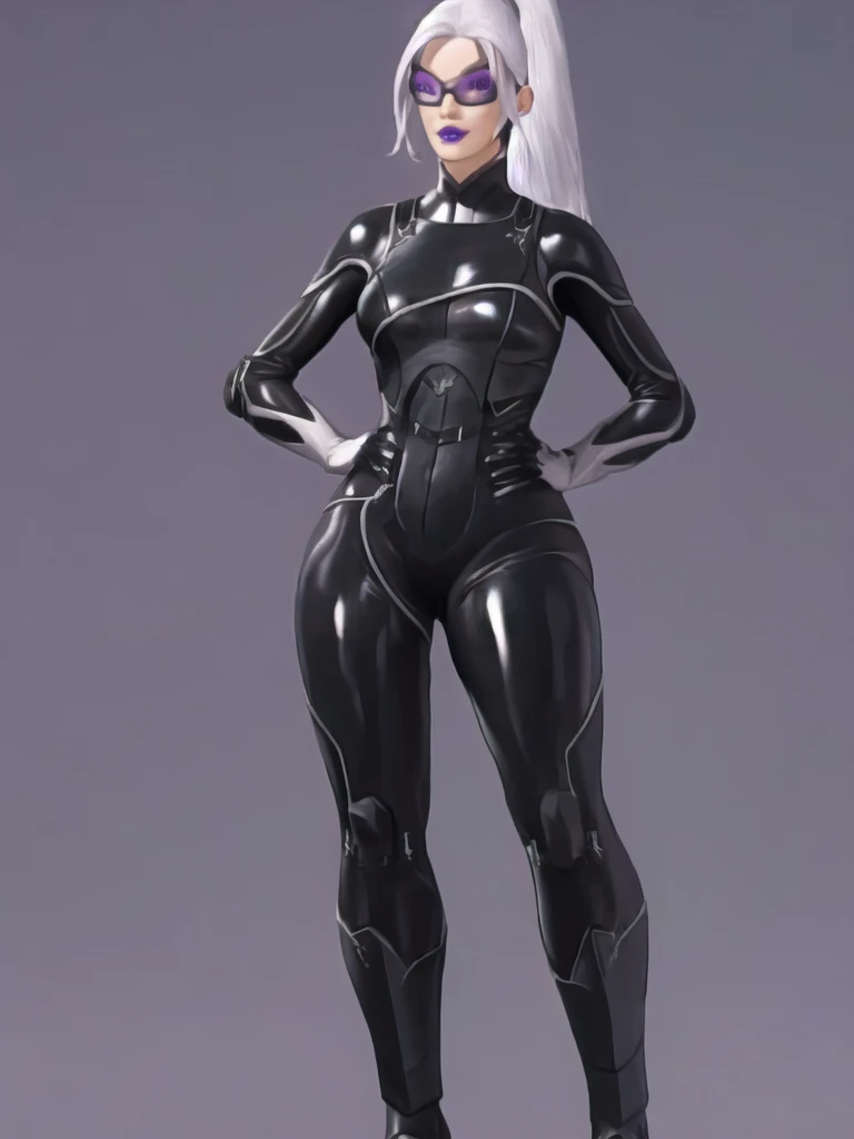 Bowei, feliciacat, 1girl, full body, bodysuit, mask , solo, long hair, lips, white hair, ponytail, black bodysuit , looking at viewer, simple background, gloves, black background, mole under mouth, eyeshadow, hands on hips, black bodysuit,leather, latex, purple lips,  