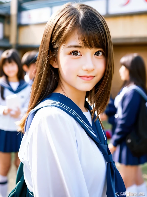 1 girl, a stunningly cute -yeld, se, medium Hair, glamorous figure, busty, (Japan schoolgirl traditional school uniform、White long sleeve sailor suit:1.2), hyper cute face, girly, glossy lips, double eyelids in both eyes, natural, long eyelashes, shiny smooth light brown hair, asymmetrical bangs, fair skin, (Many students in the background:1.2), central image, high resolution, high detail, detailed hairstyle, detailed face, Junior hicular cinematic lighting, octane rendering, vibrant, hyper realistic, perfect limbs, perfect anatomy,