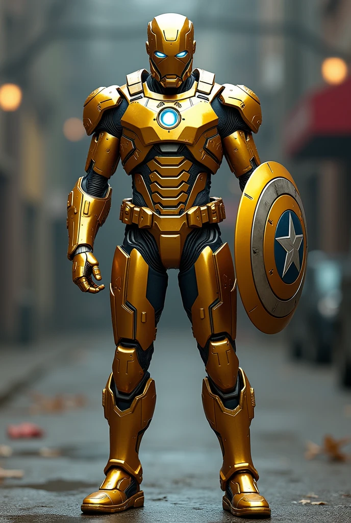 Highly realistic 4k photo of full body cyborg captain america wearing golden titanium metal armor, wearing steel knee protector, holding a hard protective shield, bokeh