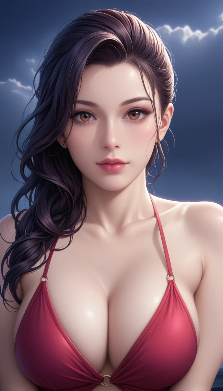 score_9, score_8_superior, score_7_superior, High-resolution CG illustration,A masterpiece in 32K resolution,Highest quality,it is really amazing,Very detailed,Ultra-high resolution,Ultra-realistic,Realistic,Increased depth of field,Cinematic lighting,
Sexy mature Japan woman,
Long black hair,Showing his forehead,Ultra-detailed and beautiful face,Calm and gentle look,Beautiful brown eyes,Translucent white skin,Realistic skin texture,Great proportions,
Elegant red swimsuit,
Simple design,Chic color scheme based on red,Detailed fabric texture,
(Dark overcast sky on a dull night:1.1),(Dark clouds filling the sky:1.1),Thundercloud,Coastline at night,Stormy seas,delay々A desolate sandy beach that continues,
(Beautiful cleavage:1.1),High angle,