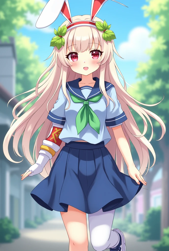 She has long hair stretched down to her elbow, she also has a bang that covers all of her foreheads along two sides of her face, Miyu's eye color is light red. She also wears a small rabbit headband with ears on top of her head along with that there are usually leaves on her head and shoulders. She wears a japanese sailor style school uniform, that consist of; A blue in color dress shirt with sailor collar, with a green ribbon, with blue in color pleated skirt. She wears white tights and white shoes and she also has some accessories, like; ankle pads and elbow pads.