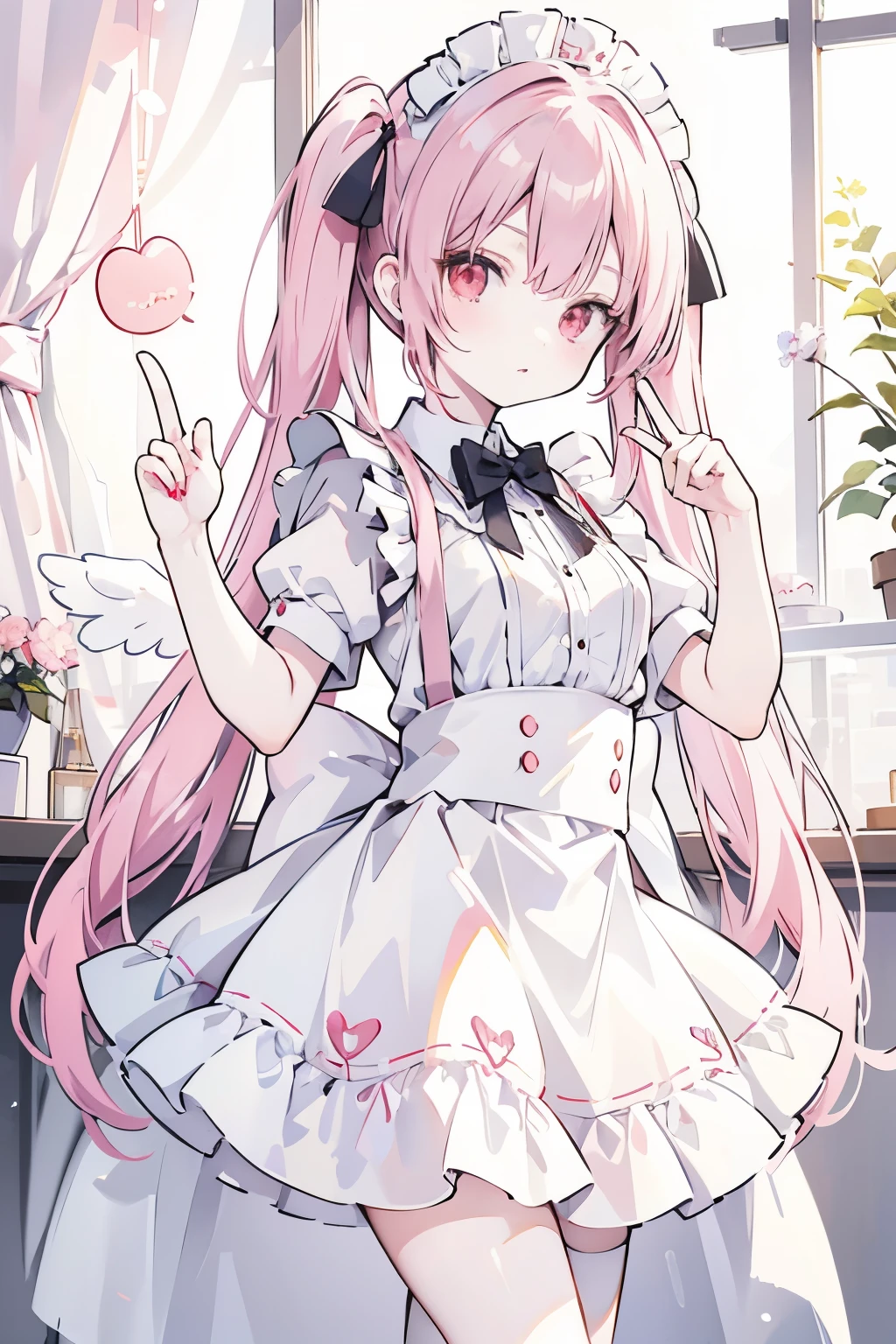 Photo Original, Realist, Making a peace sign, face, Small breasts, Maid clothes, mini skirt, Unbelievably ridiculous, beautiful girl, Pale peach long hair,Twin tails, Red Eyes, Angel&#39;s wing, Short straps, Depth of written boundary, High resolution, Very detailed,student, Sharp focus, Cinema Lighting