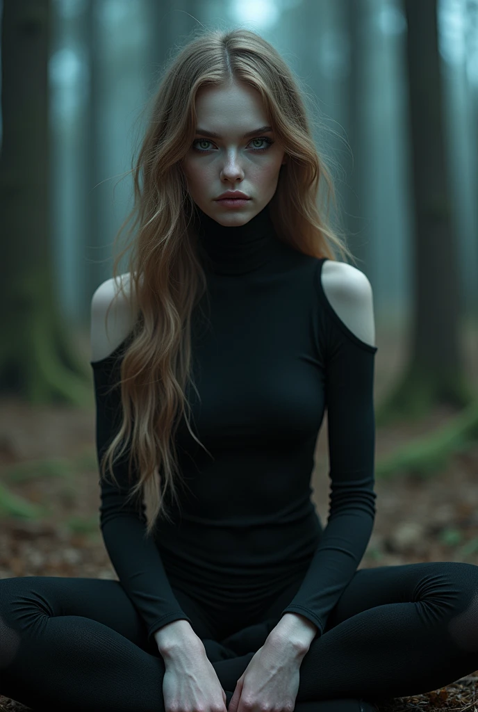 Fashionable of androgynous alien looking witch, glowing eyes, beautiful evil slavic muscular woman, pale skin, long light brown gold hair, light smile, futuristic design, minimal details, givenchy, photoreal, 200mm, hd, f/ 2.0, sitting in a gloomy spruce forest, highly detailed, surreal , drop dead, in the style of red and blue, (intricate details, hyperdetailed:1.15) (skin texture:1.2), cinematic, professional, 4k, (((dynamic model pose))), full body, mesmerizing, dynamic, dramatic, sensual, dynamic pose, highly detailed skin with hair, subcutaneous veins, light and shadow play, highly detailed,24mm photograph, film, bokeh, professional, 4k,