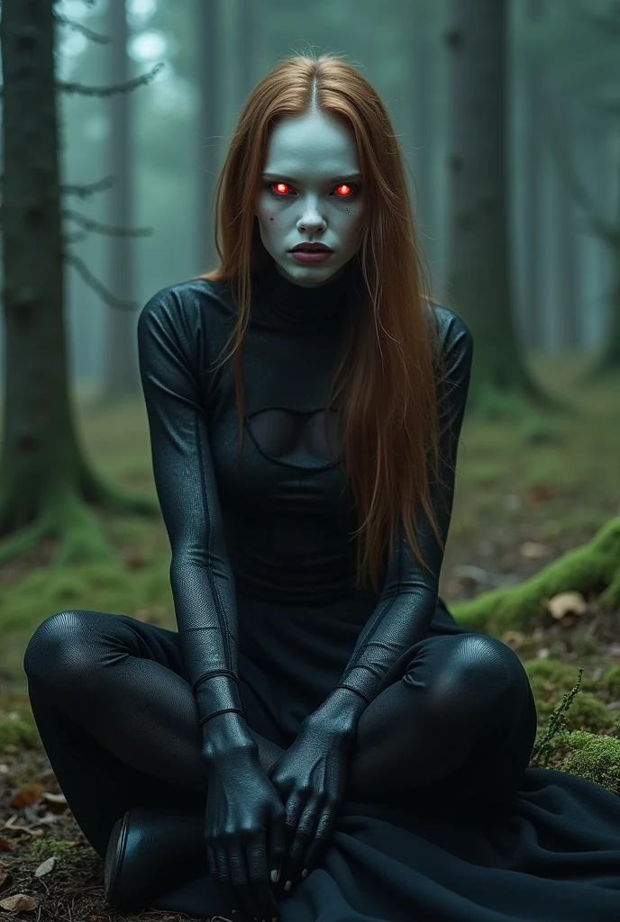 Fashionable of androgynous alien looking witch, glowing eyes, beautiful evil slavic muscular woman, pale skin, long light brown hair, light smile, futuristic design, minimal details, givenchy, photoreal, 200mm, hd, f/ 2.0, sitting in a gloomy spruce forest, highly detailed, surreal , drop dead, in the style of red and blue, (intricate details, hyperdetailed:1.15) (skin texture:1.2), cinematic, professional, 4k, (((dynamic model pose))), full body, mesmerizing, dynamic, dramatic, sensual, dynamic pose, highly detailed skin with hair, subcutaneous veins, light and shadow play, highly detailed,24mm photograph, film, bokeh, professional, 4k,