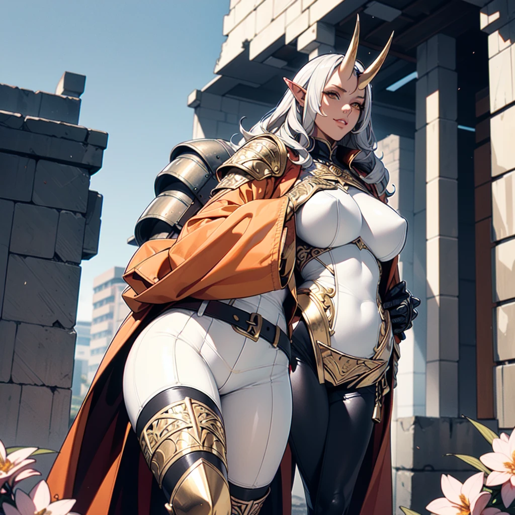 ((best quality)), ((masterpiece)), (detailed), 1 women dark knight armor, 8k_wallpaper, extremely detailed eyes, (large masterpiece digital art), (intricate details:1.3 ), (ultra-detailed:1.3), (sharp focus:1.3), (natural lighting:1.05), (vivid colors:1.3), (best quality:1.4), expressive eyes, full body, detailed face, beautiful face, perfect face, ((hair sandy white curls)), ((gold horns)), (gold eyes), {{dark skin}}, ({dark skinned female}), big breasts, huge chest, mid-range pelvis and big ass, an arrogant cruel look and a predatory smile with a large number of fangs, an open red coat with rolled up sleeves, an open coat with rolled up sleeves, steel heavy knight armor, a wide orange belt lowered lower with large gold yarn, leather pants with steel thigh guards, leather gloves, steel gold bracers and shoulder pads, dark silver chain mail oversleeves, a medieval marching backpack, walking along the path against the backdrop of the elven ruins of the city and colorful blooming flowers,