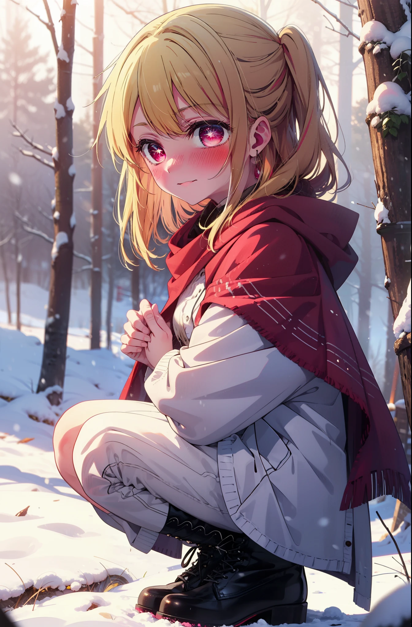 rubyhoshino, Hoshino Ruby, Long Hair, bangs, Blonde, (Pink Eyes:1.3), Side Lock, (Symbol-shaped pupil:1.5), Multicolored Hair, Two-tone hair, smile,,smile,blush,white breath,
Open your mouth,snow,Ground bonfire, Outdoor, boots, snowing, From the side, wood, suitcase, Cape, Blurred, , forest, White handbag, nature, Squat, Mouth closed, Cape, winter, Written boundary depth, Black shoes, red Cape break looking at viewer, Upper Body, whole body, break Outdoor, forest, nature, break (masterpiece:1.2), Highest quality, High resolution, unity 8k wallpaper, (shape:0.8), (Beautiful and beautiful eyes:1.6), Highly detailed face, Perfect lighting, Highly detailed CG, (Perfect hands, Perfect Anatomy),