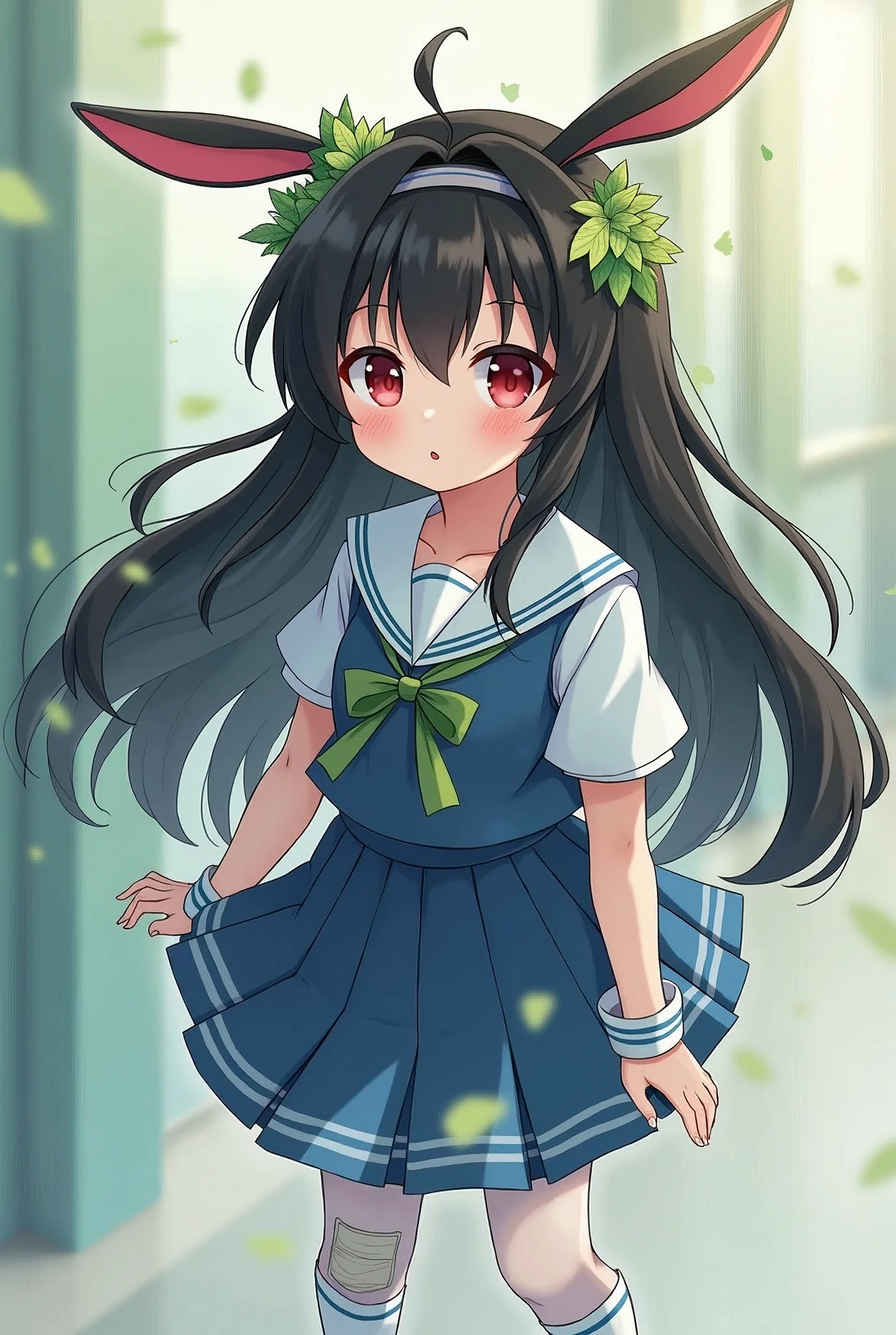 (The girl has long black hair stretched down to her elbow, she also has a bang that covers all of her foreheads along two sides of her face, Miyu's eye color is light red. She also wears a small rabbit headband with ears on top of her head along with that there are usually leaves on her head and shoulders. wears a japanese sailor style school uniform, that consist of; A blue in color dress shirt with sailor collar, with a green ribbon, with blue in color pleated skirt. She wears white tights and white shoes and she also has some accessories, like; ankle pads and elbow pads)