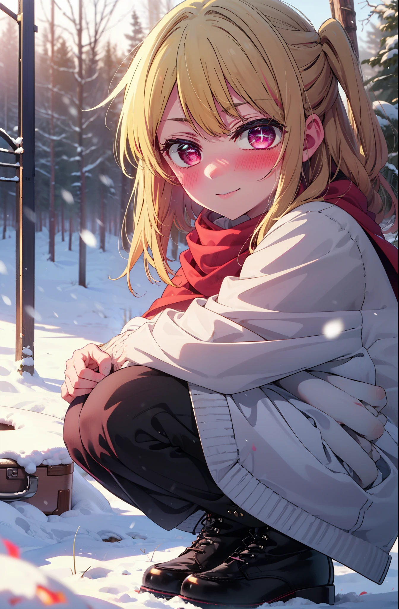 rubyhoshino, Hoshino Ruby, Long Hair, bangs, Blonde, (Pink Eyes:1.3), Side Lock, (Symbol-shaped pupil:1.5), Multicolored Hair, Two-tone hair, smile,,smile,blush,white breath,
Open your mouth,snow,Ground bonfire, Outdoor, boots, snowing, From the side, wood, suitcase, Cape, Blurred, , forest, White handbag, nature,  Squat, Mouth closed, Cape, winter, Written boundary depth, Black shoes, red Cape break looking at viewer, Upper Body, whole body, break Outdoor, forest, nature, break (masterpiece:1.2), Highest quality, High resolution, unity 8k wallpaper, (shape:0.8), (Beautiful and beautiful eyes:1.6), Highly detailed face, Perfect lighting, Highly detailed CG, (Perfect hands, Perfect Anatomy),