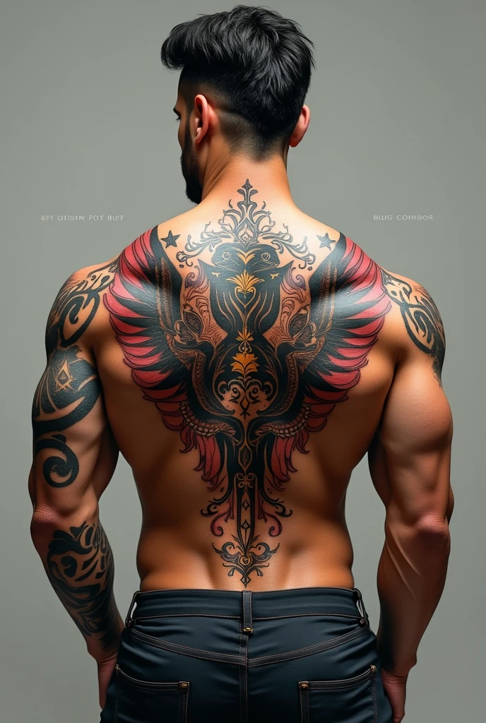 I want you to generate an image of a tattoo for the entire upper back, that reflects determination and strength