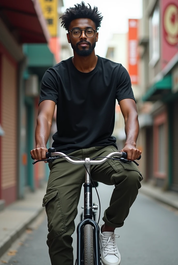 A 16 yrs old boy with beared and mustache, a round shaped glass, dark shin, black Gojo Satoru T-shirt, with cargo pant and white sneakers, smiling with attitude, sitting on a cruser bike