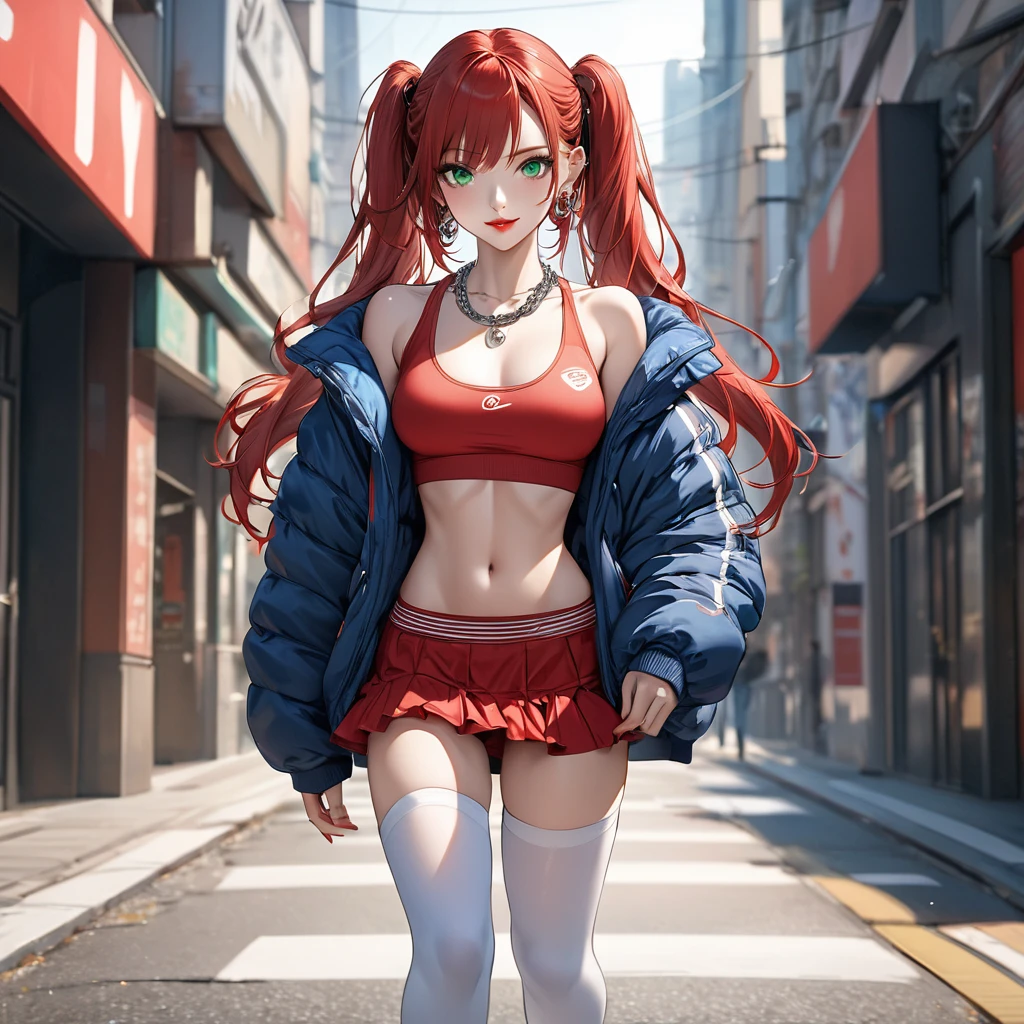 ((masterpiece, best quality, expressive eyes, perfect face, 8k_wallpaper, extremely detailed eyes, extremely detailed body)), 1Woman, red hair, long hair, twintail hair, green eyes, a perfect face, the perfect body, small breastes, sports body, short stature, solo, Detailed eyes and face, makeup, ((red-lips:1.3)), earings, ear piercings, a blue shirt, ruffled red skirt, black puffy jacket, white thighhighs, sports sneakers, Clavicles only, chain necklace, city street background, by Amano Akira, ((full body:1.5)), looking at viewer, elegant smile