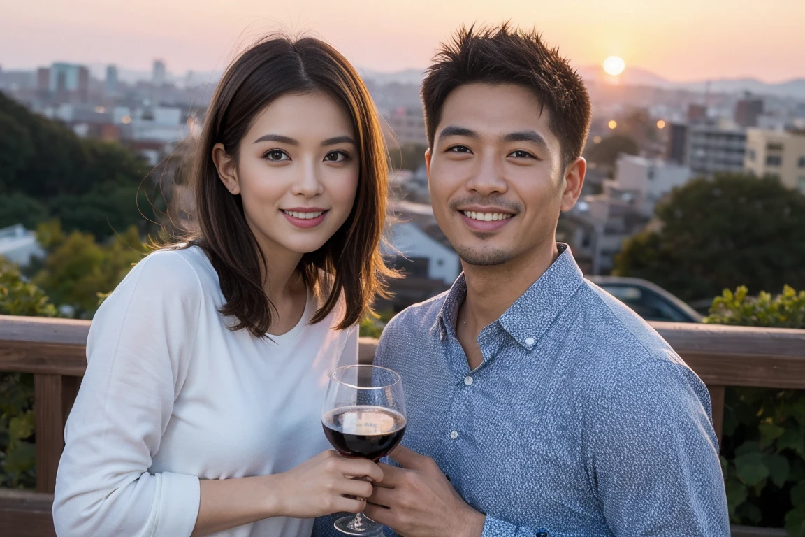 ((Highest quality、8k、masterpiece:1.3))、Izakaya、Japanese sake、Slim couple、Model Couple、(Realistic, Intricate details:1.2), Japanese sake、1 liter bottle、Japanese food、Soba、Japanese sake、Shochu 、Amazing view of the sunset sky and clouds、Bright smile、The beauty of a smile、Bright image、Beautiful Face, blue eyes, The light shines on your face, blush, short hair,Bright Face、 (Age 37), 39 years old, Brown Hair、Shortcuts、Long sleeve shirt、dress、Beautiful woman