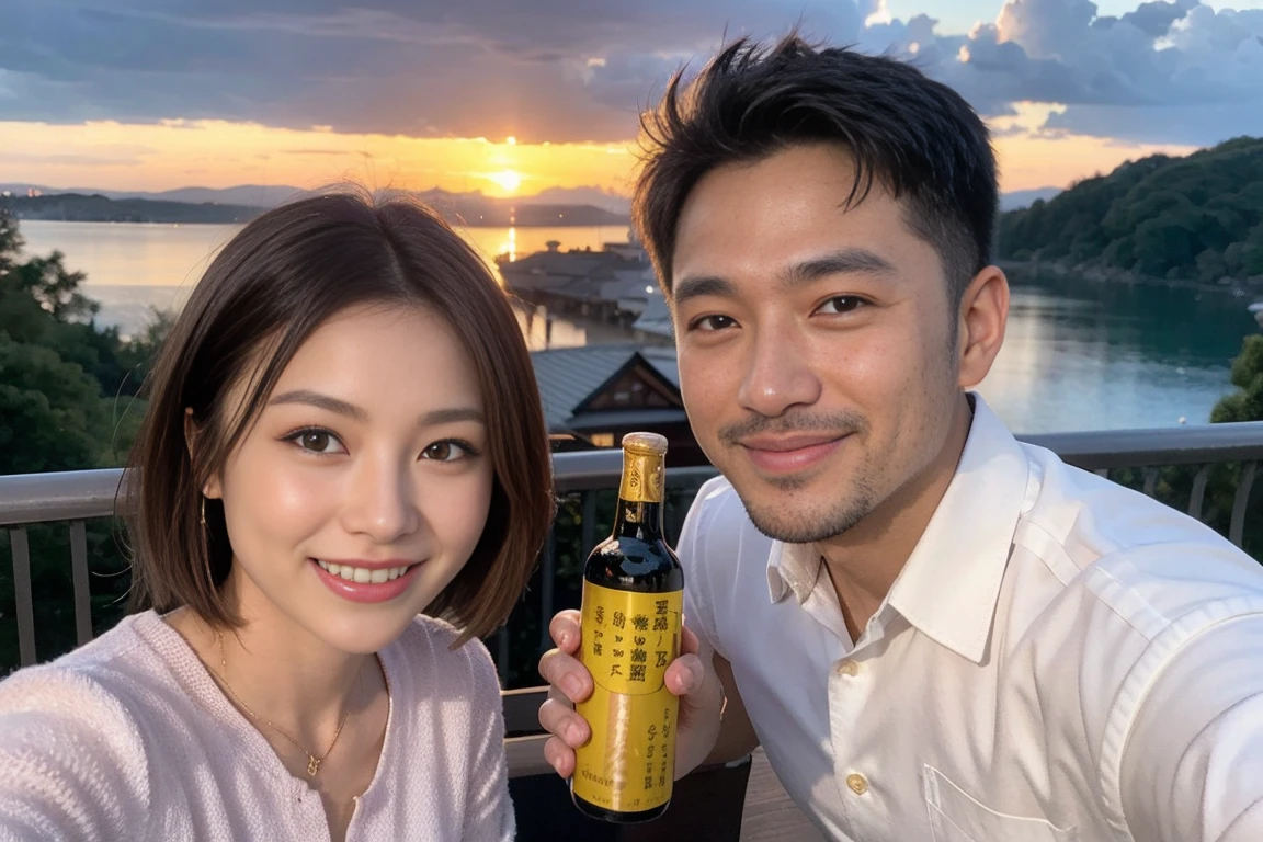 ((Highest quality、8k、masterpiece:1.3))、Izakaya、Japanese sake、Slim couple、Model Couple、(Realistic, Intricate details:1.2), Japanese sake、1 liter bottle、Japanese food、Soba、Japanese sake、Shochu 、Amazing view of the sunset sky and clouds、Bright smile、The beauty of a smile、Bright image、Beautiful Face, blue eyes, The light shines on your face, blush, short hair,Bright Face、 (Age 37), 39 years old, Brown Hair、Shortcuts、Long sleeve shirt、dress、Beautiful woman