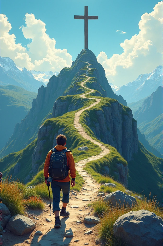 A poster named level up

With a person trekking towards the cross on top