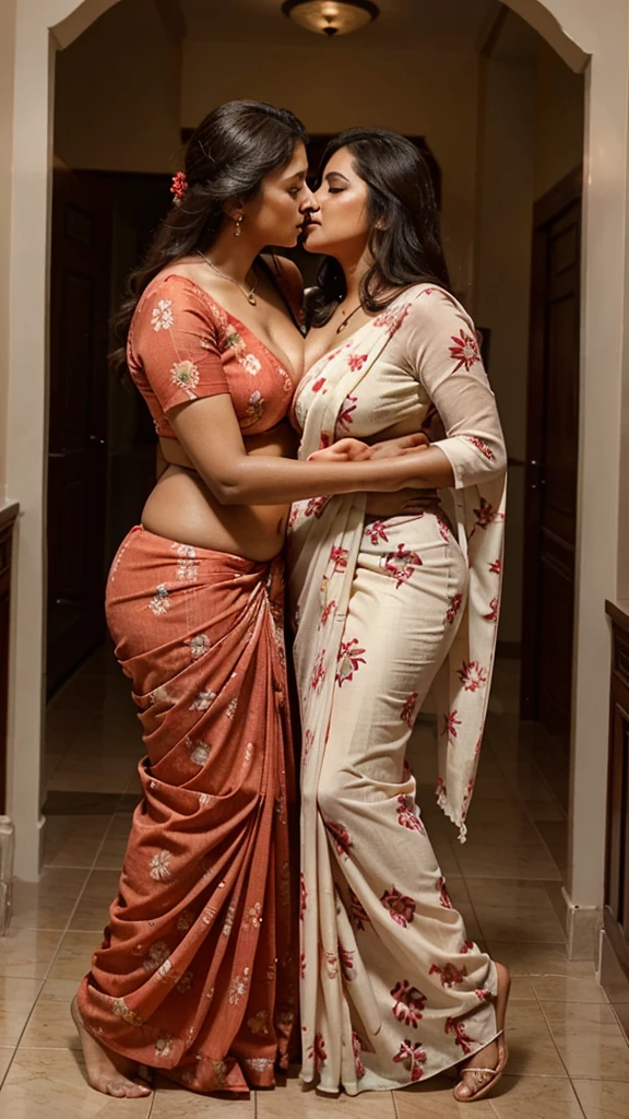 A 45 year old plus sized beautiful South Indian mom wearing red flowers printed cream colour chiffon saree hugging and kissing on lips on of 25 year old two men ,full body image