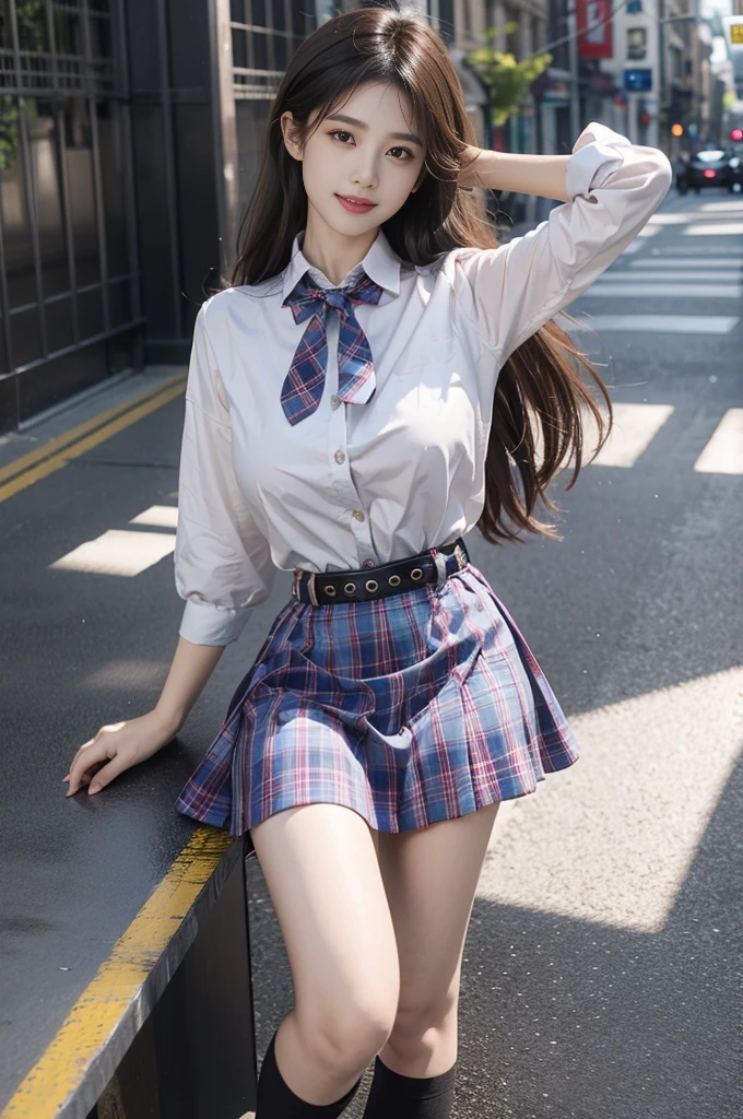 skirt,plaid necktie,belt,plaid skirt,black shirt,bowtie, (best quality, masterpiece:1.2), tianfeng1, Extremely detailed, (Practical:1.37), beautiful, youth, Charming female model, sweet smile, Sweetheart girl, Warm colors, ((Full body view，Skin is firm and smooth)), ((Random scenes，Random shooting angles)), ((Elegant and natural gesture)), (big eyes, Exquisite eyes, Delicate lips, Exquisite eyes), Available in white and floral pattern, Show a bright smile, fit, Full breasts, ((Large Breasts)), Long legs, Create a stunning photo of a girl